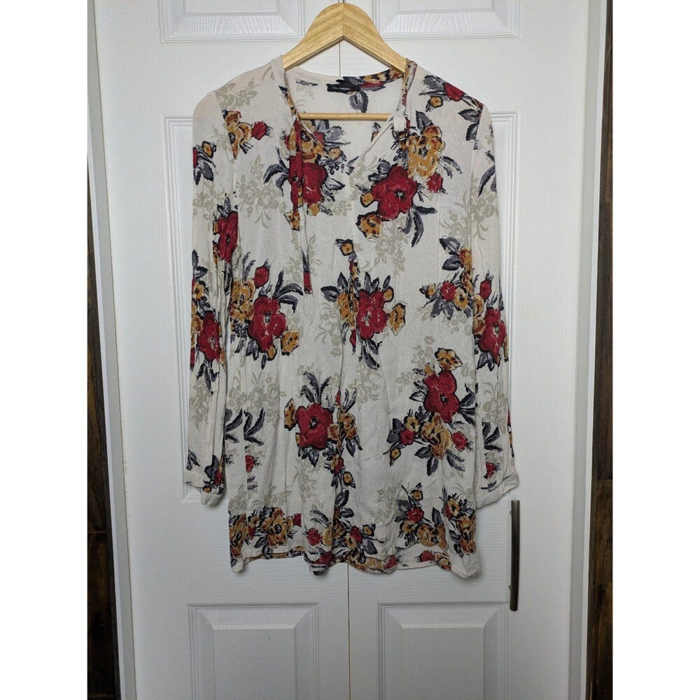 Blu Pepper Floral Boho Tunic Blouse Cream Red Yellow Size Medium Long Sleeve